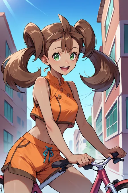 score_9, score_8_up, score_7_up, score_6_up, source_anime, 1girl, solo, <lora:pkmnshauna-pdxl-nvwls-v1-000005:1> defSana, dark-skinned female, twintails, brown hair, long hair, green eyes, orange crop top, midriff, sleeveless, orange shorts, bicycle, medium breasts, happy, looking at you, city, blue sky