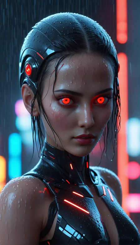 A highly detailed 3D render of a cybernetic woman with glowing red eyes, standing in the rain under neon lights. Very detailed rain drop. The scene is set in a futuristic city at night, with wet surfaces reflecting neon lights. Rendered with Unreal Engine, using RTX reflections, volumetric lighting, and realistic textures. Highly detailed with depth of field and dynamic composition.