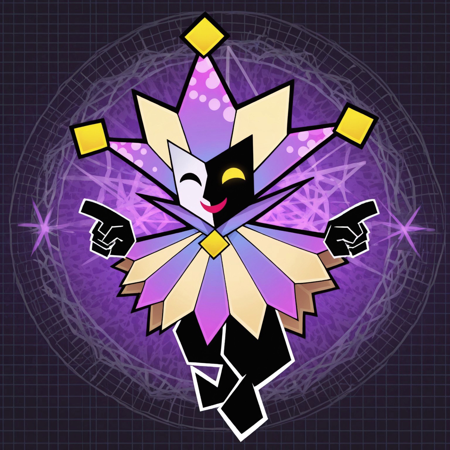 2d, 1boy, solo, Dimentio, male, jester, purple and yellow hat, jester hat, purple and yellow cloak, multicolored hat, multicolored cape, split color face, white face, black face, heterochromia, no pupils, black eye, yellow eye, black pants, black shoes

BREAK happy, closed eyes, smile, looking at viewer, pointing, abstract background, full body

BREAK best quality, amazing quality, very aesthetic, absurdres, newest, masterpiece, high quality