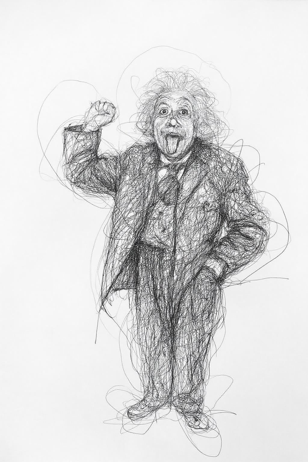 Drawing depicting Albert Einstein making a face. <lora:scribble1_nbm_d6a3:1.0><lora:822517882786369024:0>