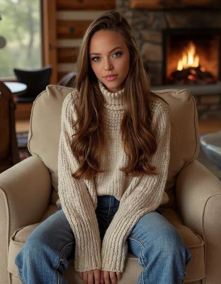 Subject: A woman sitting on a plush, oversized armchair in a cozy, rustic cabin surrounded by towering trees and a crackling fireplace.
Lighting: Warm, golden light from the fire casting a cozy ambiance.
Camera Angle: Eye-level shot, looking straight at the woman's face as she gazes out at the viewer.
Composition Style: Leading lines of the chair and surrounding decor converge to her eyes.
Clothing: High-necked, long-sleeved sweater in soft, earthy tones with a chunky knit pattern.