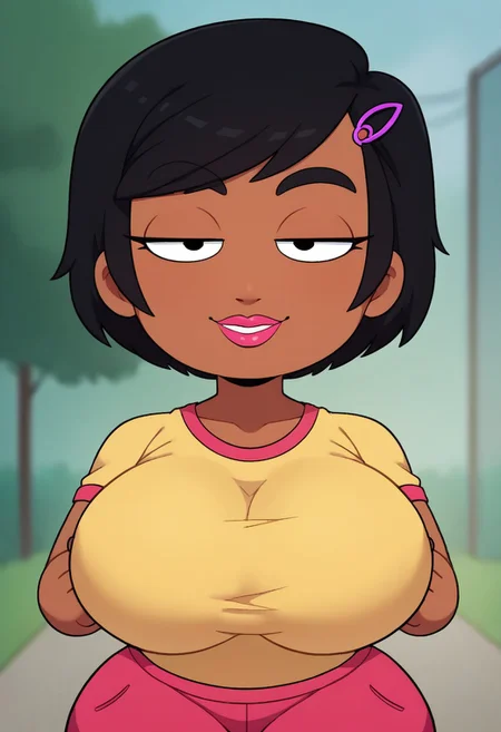 fca style, toon \(style\), 2d, score_9, score_8_up, score_7_up, high quality, perfect face, perfect eyes, shortstack ,black eyes, shirt hair, Shirt, short sleeves, lipstick, hairclip, short hair, hair ornament, solo, dark skindark-skinned female, Reshma, pink pants, standing, yellow shirt, hair clip, style parody, parody, gigantic breasts, wide hips, thick thighs, shirt, black hair, shoes, standing cleavage, looking at viewer, smile, upper body, outdoors