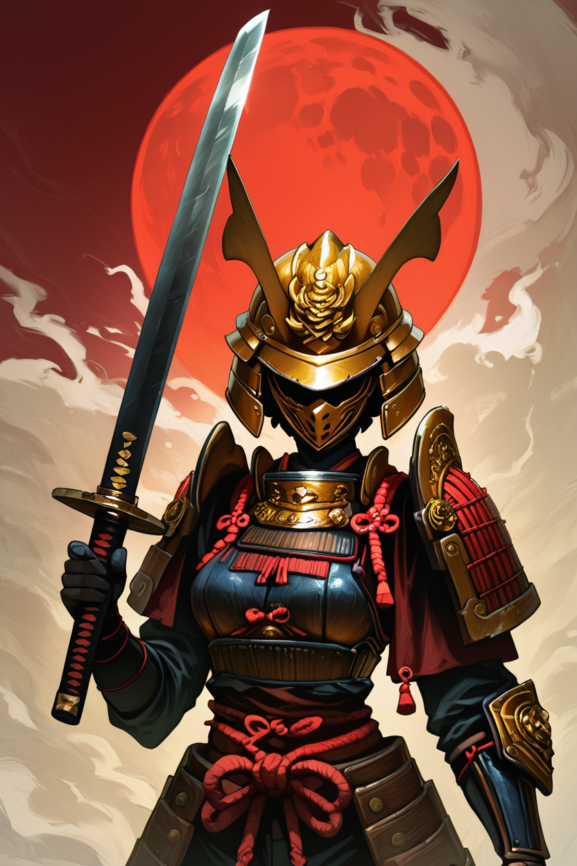 score_9, score_8_up, score_8, medium breasts, (curvy), cute, eyelashes,           BREAK, , BREAK,     solo,1boy, holding, weapon, male  focus,sword, holding  weapon,armor, glowing, holding  sword,moon, katana, helmet, shoulder  armor,gauntlets, sheath, full  moon,glint, japanese  armor,unsheathing, red  moon,samurai, drawing  sword,kabuto  (helmet)   <lora:AnatoFinnstarkStyle_PDXL:1.0>,      embedding:zPDXL, Expressiveh, <lora:SDXLFaeTastic2400:0.5>,  <lora:Expressive_H-000001:0.4>,