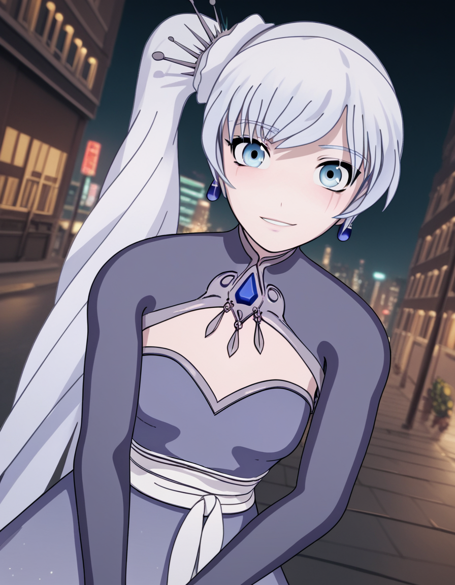 score_9, score_8_up, score_7_up, source_anime, <lora:weiss-schnee-ponyxl-lora-nochekaiser:1>, weiss schnee, long hair, blue eyes, hair ornament, ponytail, white hair, side ponytail, scar, tiara, scar on face, scar across eye,, dress, jewelry, earrings, blue dress,, cityscape, street, bent over, smile, looking at viewer, solo, cowboy shot, dutch angle
