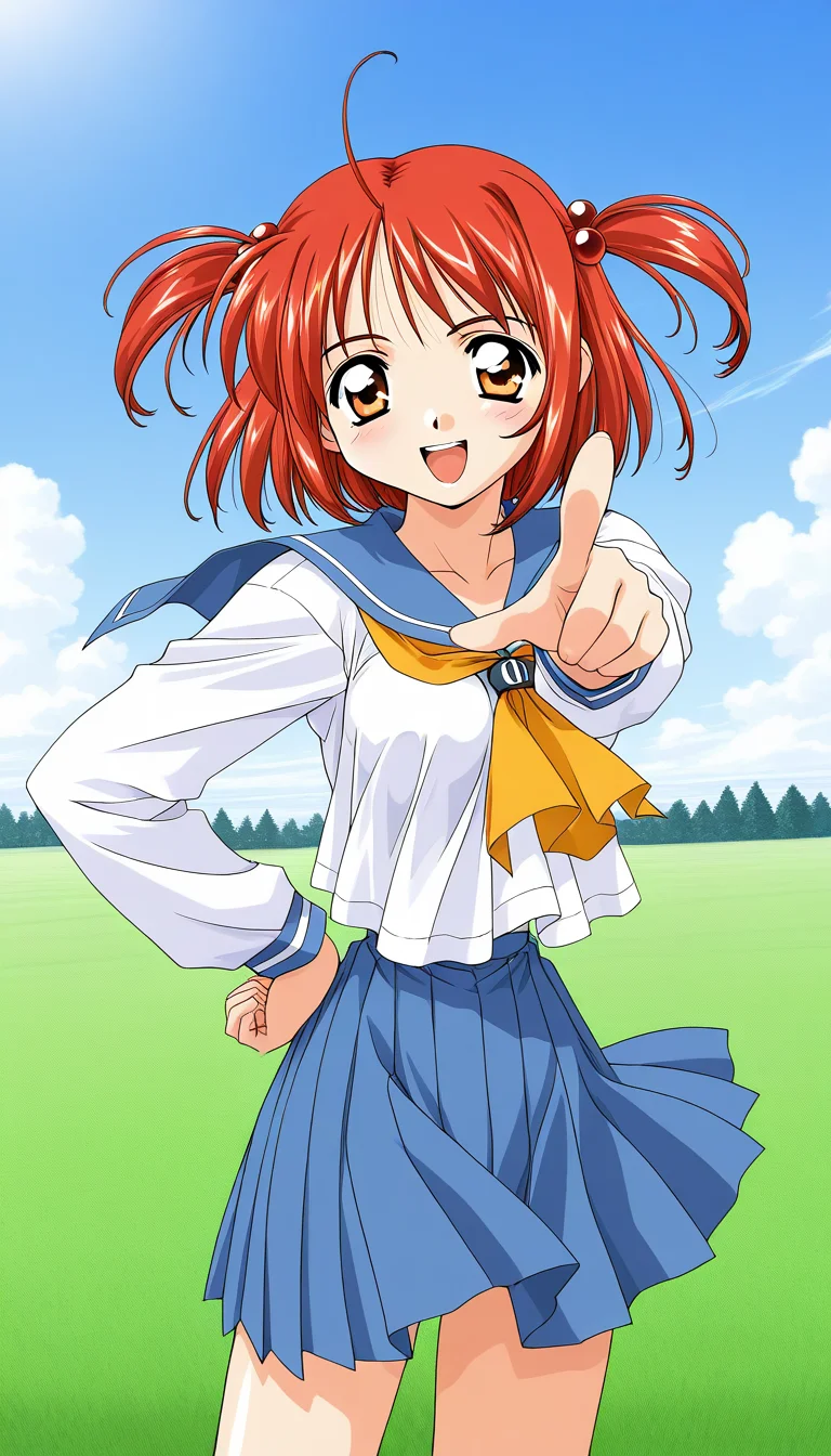 general,highres, ultra-detailed,very aesthetic,best quality ,best hands,  BREAK <lora:Megumi_Spiral_NAMI_IS:1>Normal_Megumi, 1girl, red hair, short hair, hair bobbles, brown eyes, medium breasts, twintails, two side up, hair ornament,
BREAK,
 solo, school uniform, serafuku, pointing, blue skirt, hand on hip, long sleeves, 
open mouth, smile, pleated skirt, looking at viewer, ã2000s \(style\),
smile,looking at viewer, cowboy_Shot,
grass, sky,