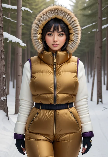 ((((puffer padded jacket)))), ((((puffer padded coat)))), ((((full body)))), ((((fur boots)))), ((((puffer pants)))), ((((puffer hood up)))), winter, snow, forest, 1girl, solo, (masterpiece), detailed face, detailed eyes, (beautiful detailed eyes:1.5), sidelighting, (super detail, hyper detail, intricate_details, detailed), (semi realistic:1.6), (Bob cut), blunt bangs,(black hair), (purple eyes, eyelashs), tanned skin, smug smile, angry face, Golden jewelery, golden rings, golden necklace, golden armlets, golden chains, padded collar, Thick padded collar, <lora:Collar-SDXL:0.6>, <lora:cropped_puffer_vest_v2:0.4>, <lora:snowpants_v1:0.4>