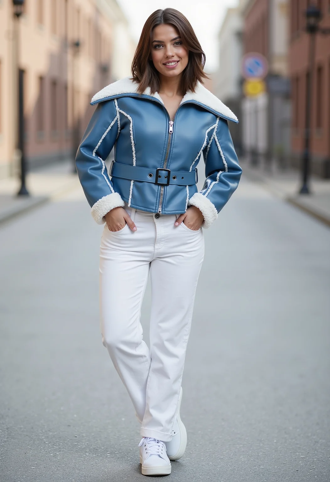 Full body shot of a beautiful young model with medium hair, medium round breasts, seductive smile, clo002, wearing blue leather jacket, shearling collar, white pants, sneakers, street, standing in a street, perfect lightning,