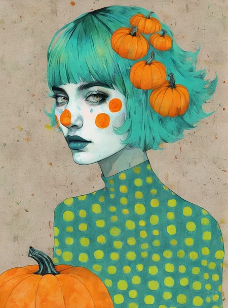 a drawing of a woman with green and steel-blue hair and a harlequin and pumpkin background with a white spot, Conrad Roset, digital portrait, an ultrafine detailed painting, pop art, pop surrealism , <lora:Graphic_Portrait:0.75>