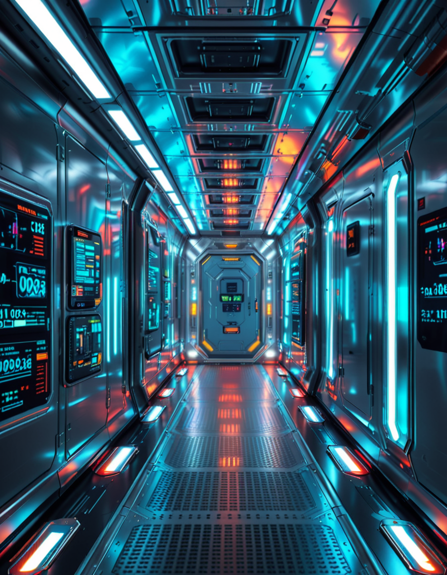 A highly detailed futuristic spaceship corridor, illuminated by soft neon blue and purple lights. The walls are made of sleek metallic panels, with glowing circuits and holographic displays integrated into the design. The floor is reflective and polished, with a faint grid pattern that emits a subtle white glow. Pipes and cables run along the ceiling, interspersed with small ventilation grids and blinking lights. The corridor stretches into the distance, creating a sense of depth, with a slight curve that hints at the massive scale of the spacecraft. The atmosphere feels clean, modern, and slightly sterile, with a sci-fi aesthetic inspired by movies like Blade Runner and Star Wars. The overall lighting is ambient and slightly dim, accentuating the futuristic ambiance. No characters or people are present, focusing entirely on the corridor's architecture and design.<lora:SDXLFaeTastic2400:0.4> <lora:extremely_detailed:0.4> extremely detailed, <lora:futuristic_spaceship_c0rr1d0r:1>,futuristic spaceship c0rr1d0r, Masterpiece,best quality,hi res,8k,hi res,8k,award winning,(sharp focus, intricate, highly detailed),