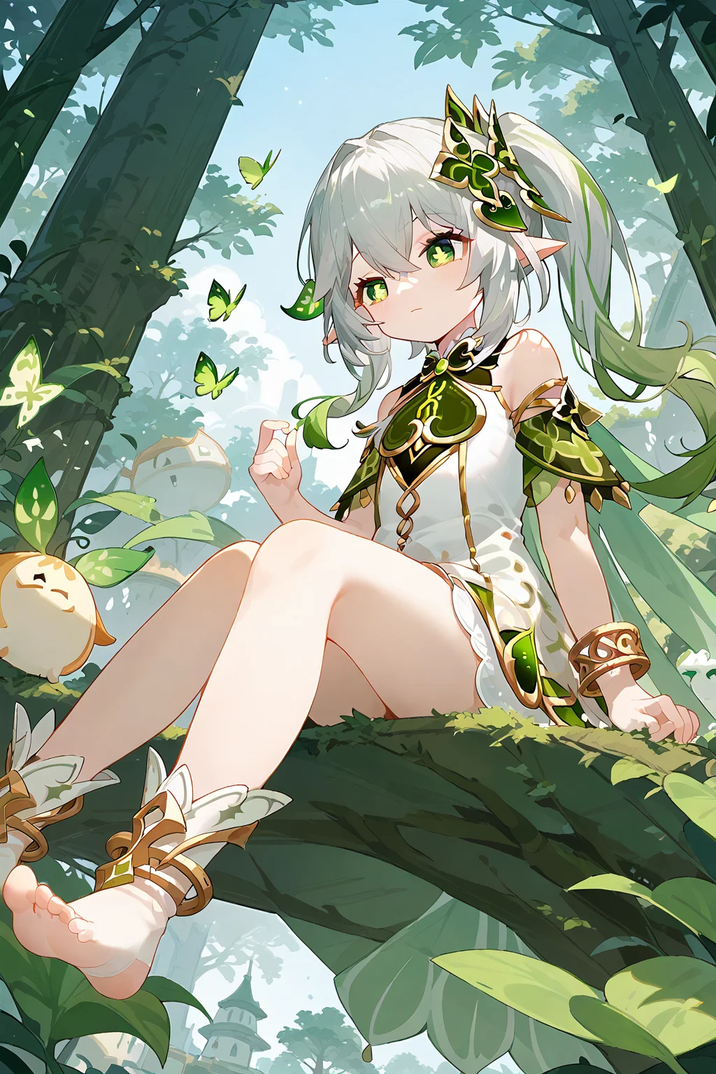 (score_9,score_8_up,score_7_up),<lora:Nahida(genshin impact)-v1:1>,Nahida(genshin impact),1girl,nahida (genshin impact),solo,green eyes,pointy ears,hair ornament,long hair,side ponytail,dress,sitting,multicolored hair,bracelet,white dress,tree,jewelry,bangs,gradient hair,white hair,sidelocks,green hair,symbol-shaped pupils,cape,green cape,detached sleeves,outdoors,short sleeves,looking away,hair between eyes,grey hair,cross-shaped pupils,leaf hair ornament,bare shoulders,nature,
good feet,anime,NSFW,expressive,amazing quality,ultra hd 32k,