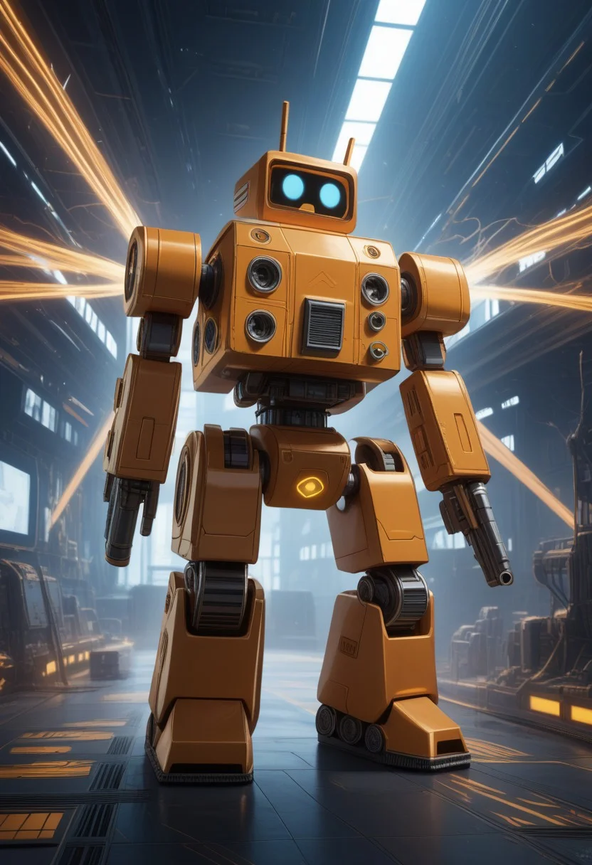 A futuristic world where technology could be sleek, modern, and slightly quirky, with the orange giving it a pop of energy and excitement, pmg style, cute kawaii war mech, lasers, turrets, guns