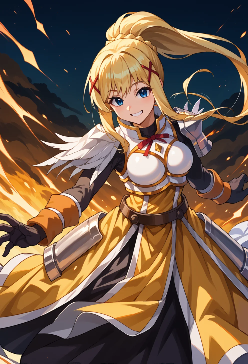 score_9, score_7_up, source_anime, solo, BREAK <lora:AEDarkness:1>AEDarknessDef, Blue eyes, Blonde Hair, Braid, high ponytail, x hair ornament, Armored Dress, Breastplate, neck ribbon, red ribbon, Shoulder armor, Belt, Black Gloves, full body, smile, dynamic pose,