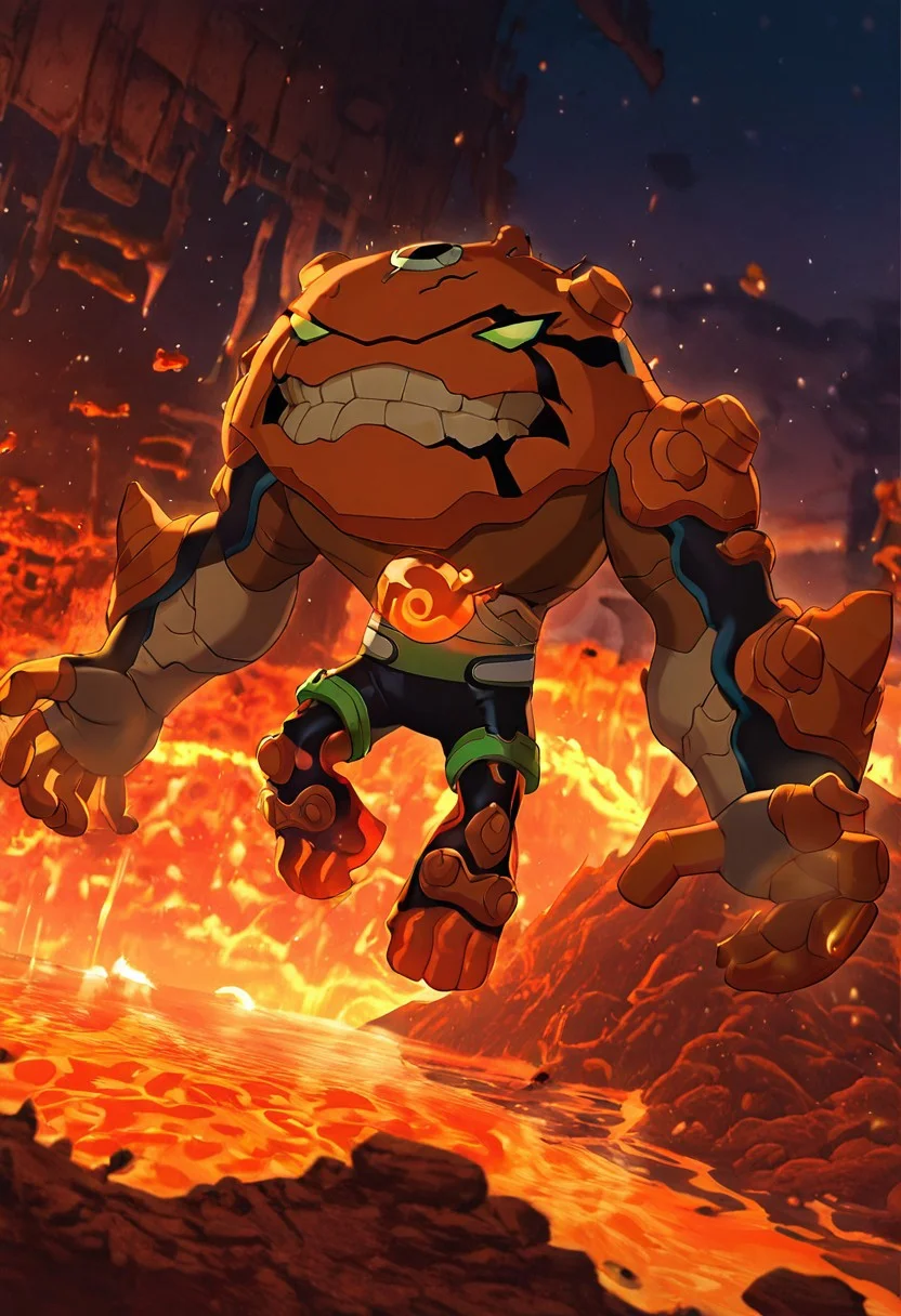 masterpiece, best quality, amazing quality, very aesthetic, absurdres, newest,, detailed background,
movie scene, cinematic scene, cinematic,
gravitack, crooked teeth, 1boy, armor, monster, green eyes, solo, massive arms, big hands, brown skin,
spread arms, low arms, lava, dynamic pose, magma, rising lava, lavakenesis