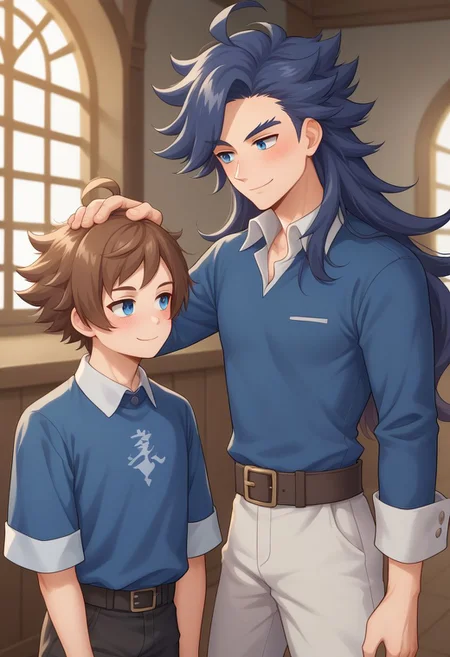 score_9, score_8_up, source_anime, highly detailed, 2boys, male_focus
janne, 1boy, long hair, blush, male focus, long hair, blue hair, spiked hair, shirt, blue eyes, blue shirt, collared shirt, BREAK
yew, 1boy, brown hair, male focus, ahoge, smile, blue shirt, collared shirt,
indoor, medieval, hand on other head, petting,