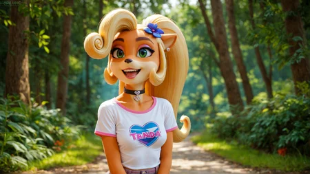 score_4,score_5,score_6,score_7_up,score_8_up,score_9 BREAK source_furry,1girl,solo,jewelry,earrings,long hair,breasts,choker,medium breasts,:d,outdoors,smile,open mouth,forest,high quality,bokeh,coco bandicoot,t-shirt,pants,