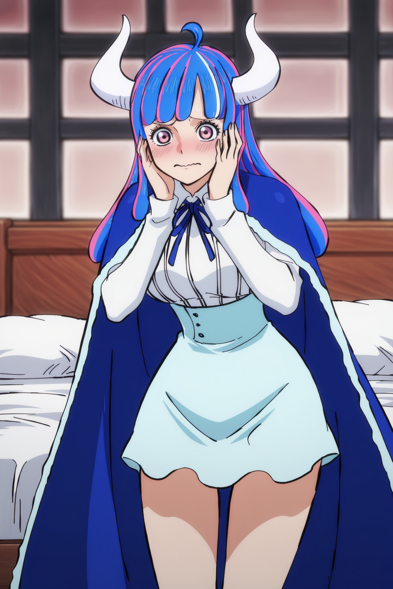 anime screencap, anime coloring, detailed face, masterpiece, best quality, very aesthetic, absurdres, volumetric lighting, amazing quality, ultra detailed,  highres, amazing quality, scenery, beautiful detailed hair, beautiful detailed eyes, perfect face,
 <lora:Ulti_One_Piece:1>
in a bedroom, white bed with white pillow in the background,
Ulti (character), 1girl, pink hair, skirt, horns, multicolored hair, solo, pink eyes, cape, blue cape, blue hair, shirt, white shirt, blue skirt, ahoge, curled horns, looking away from the viewer, cowboy shot,
closed mouth, embarrassed, wavy mouth, nervous expression, both hands on cheeks, (no mask, nothing covering face)