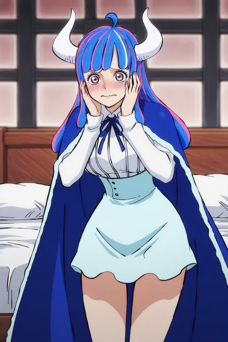 anime screencap, anime coloring, detailed face, masterpiece, best quality, very aesthetic, absurdres, volumetric lighting, amazing quality, ultra detailed,  highres, amazing quality, scenery, beautiful detailed hair, beautiful detailed eyes, perfect face,
 <lora:Ulti_One_Piece:1>
in a bedroom, white bed with white pillow in the background,
Ulti (character), 1girl, pink hair, skirt, horns, multicolored hair, solo, pink eyes, cape, blue cape, blue hair, shirt, white shirt, blue skirt, ahoge, curled horns, looking away from the viewer, cowboy shot,
closed mouth, embarrassed, wavy mouth, nervous expression, both hands on cheeks, (no mask, nothing covering face)