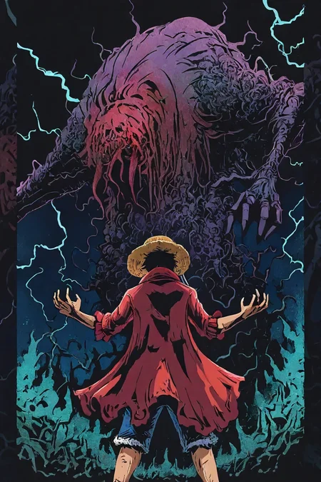<lora:LUFFY_pony_XL:0.6>, Luffy, red jacket, straw hat, black hair, from behind, black arm, black electricity, 1boy, solo, alone, monster, <lora:dark_fantasy_illustration_illustriousXL:1>, dark_fantasy_illustration, masterpiece, highres