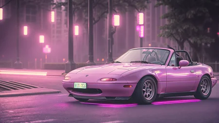ack side view photo of pink MazdaMiata in vaporwave cyberpunk city, convertible top down, high quality photo, lens flare, bokeh, 8k resolution, gobo lights, warm ambient light, volumetric light, neon lights, depth of field, analog, foggy atmosphere, <lora:MazdaMiatav1:.8>, <lora:analogdiffusion_Lora300:.2>