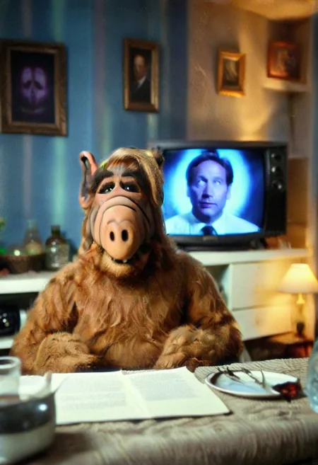 Alf1024, sitting in a living room, night, watching The X Files, psych3delic, dim lighting