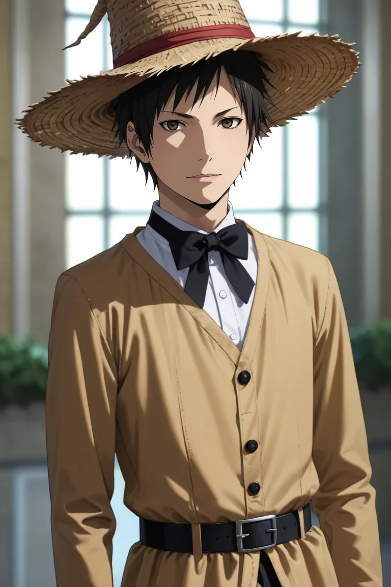 score_9, score_8_up, score_7_up, source_anime, rating_safe, intricate details, (photorealistic:0.6), , depth of field, 1boy, solo, male focus, <lora:izaya_orihara_pony:0.78>, izaya_orihara, black hair, brown eyes, straight-on, plaza, noon, arm support, :\3, scarecrow costume, <lora:sdxl_lightning_8step_lora:1>