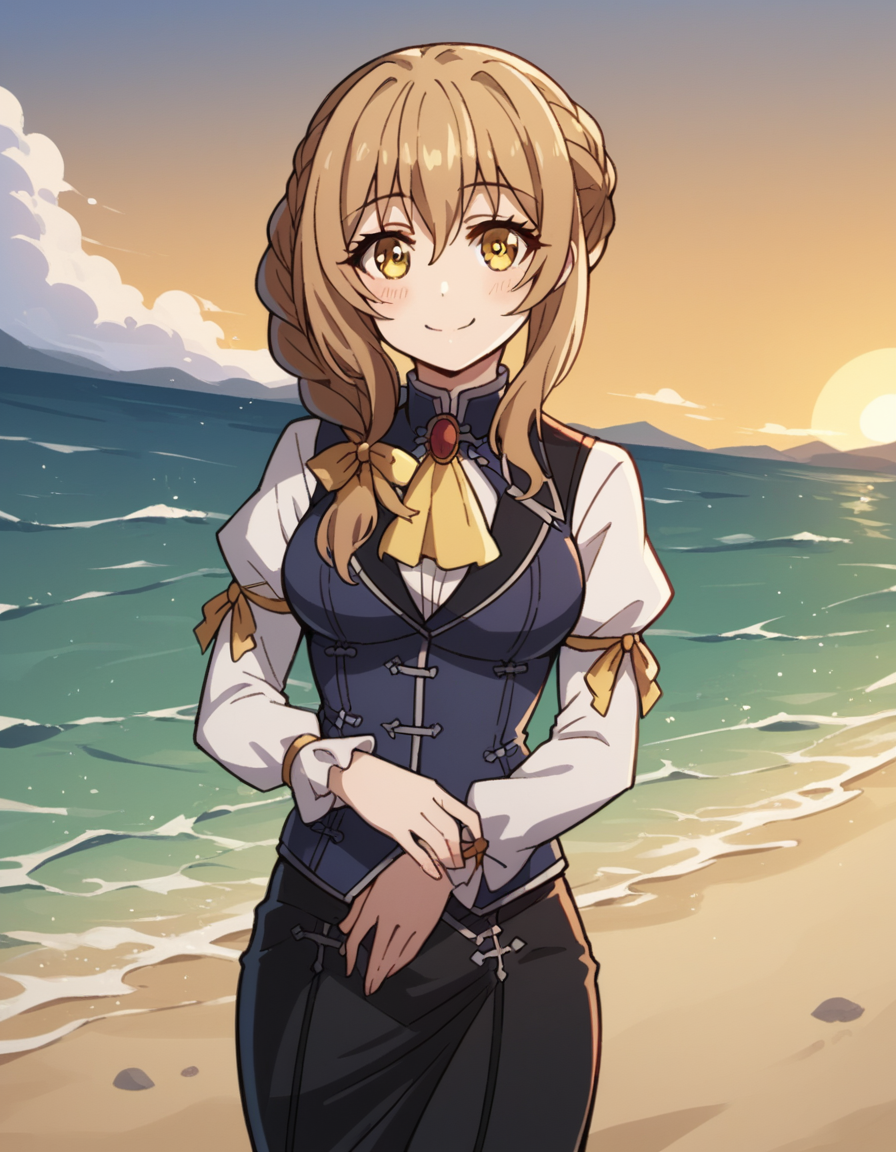 score_9, score_8_up, score_7_up, source_anime, <lora:guild-girl-s2-ponyxl-lora-nochekaiser:1>, guild girl, long hair, brown hair, yellow eyes, braid, single braid, medium breasts, skirt, shirt, long sleeves, white shirt, pantyhose, black skirt, vest, long skirt, yellow ribbon, ascot, yellow ascot,, beach, sunset, walking along shore, footprints in sand, waves, peaceful, smile, looking at viewer, hand on stomach, blush,, solo,, cowboy shot, dutch angle