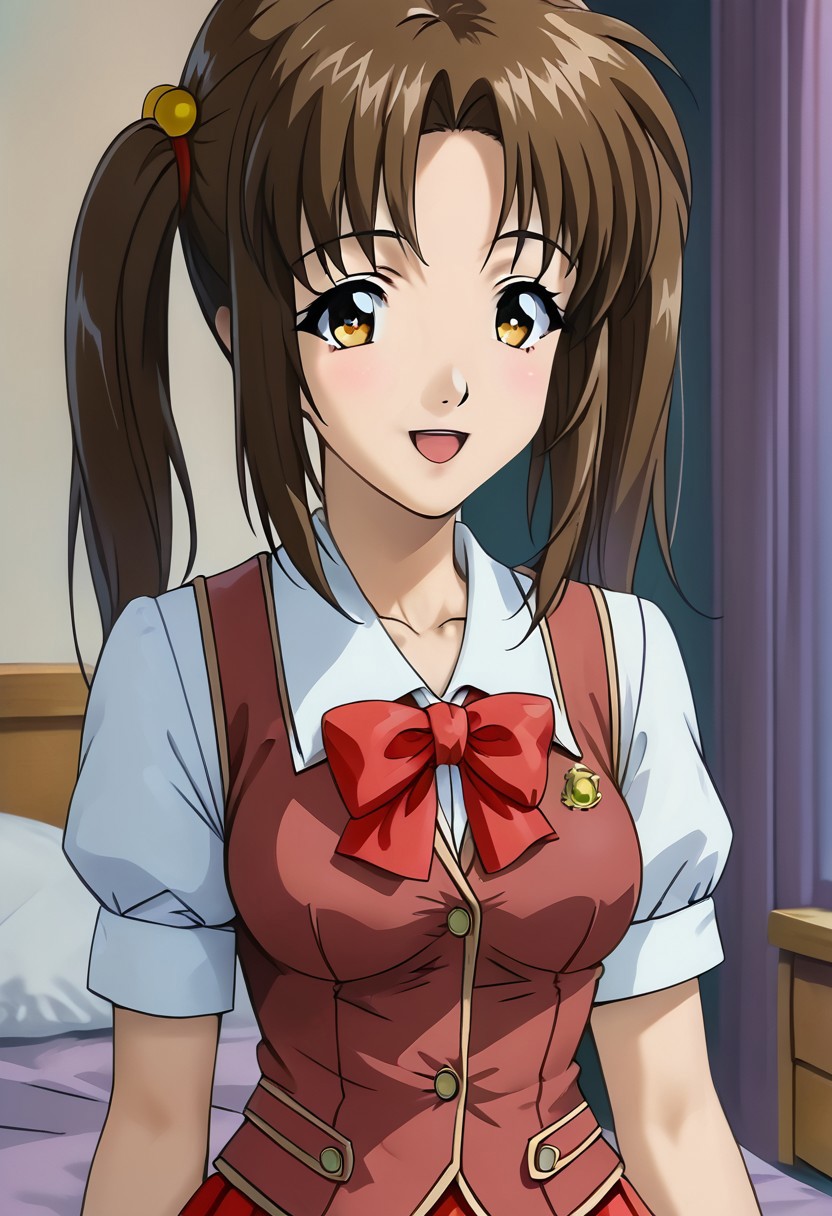 SCORE_9, SCORE_8_UP, SOURCE_ANIME, REALISTIC, UPPER BODY, PORTRAIT, BREAK, 1FEMALE, SOLO, YUNA WAKAO, BROWN HAIR, TWINTAILS, HAIRTIE, AMBER EYES, HAPPY, SCHOOLGIRL VEST, SHORT SLEEVES, BOWTIE, MINI SKIRT, WAVING EXCITEDLY, BREAK, INDOOR, FEMENINE BEDROOM, NIGHT, HIGH RESOLUTION, VIVID TEXTURES