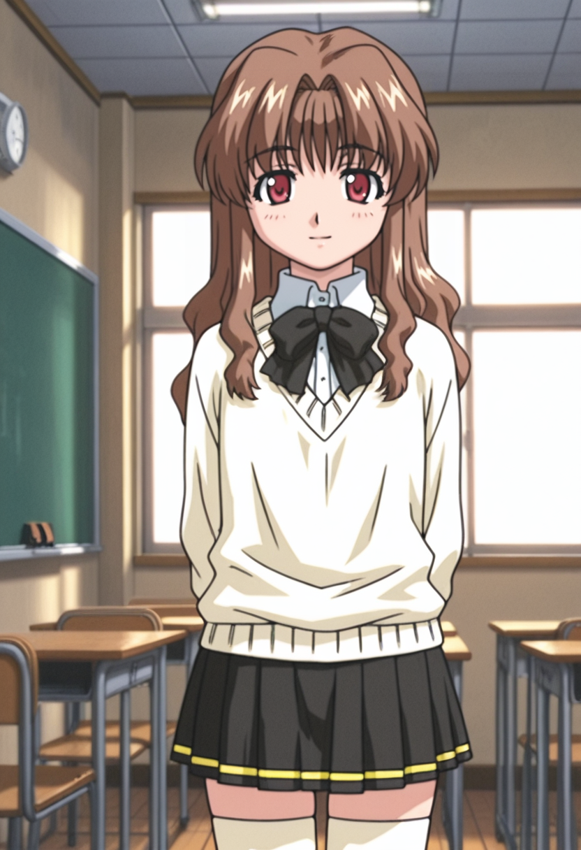 <lora:dmd2fast_sdxl_4step_lora_fp16:0.8>  <lora:Morino_Ichigo_Illust:1> morino_ichigo, 1girl, solo, onegai teacher, long hair, brown hair, wavy hair, red eyes, ||, anime screencap, || , school uniform, sweater, bow, skirt, thighhighs, zettai ryouiki, pleated skirt, black skirt, standing, cowboy shot, indoors, classroom, light smile, arms behind back, window, looking at viewer,