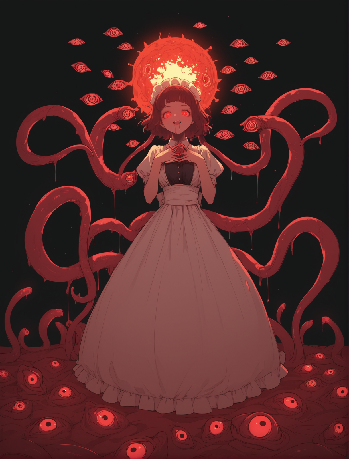 score_9, score_8_up, score_7_up, source_anime BREAK  (1girl),shizoeyes,glowing, red eyes, maid dress, liquid , ((extra eyes)),  , nerd,dynamic, guro, meat girl, black background, thic outline, starry sky, stars, glitters, meat, tentacles, cel shading, red theme, neon, astract, <lora:eyes:0.95>