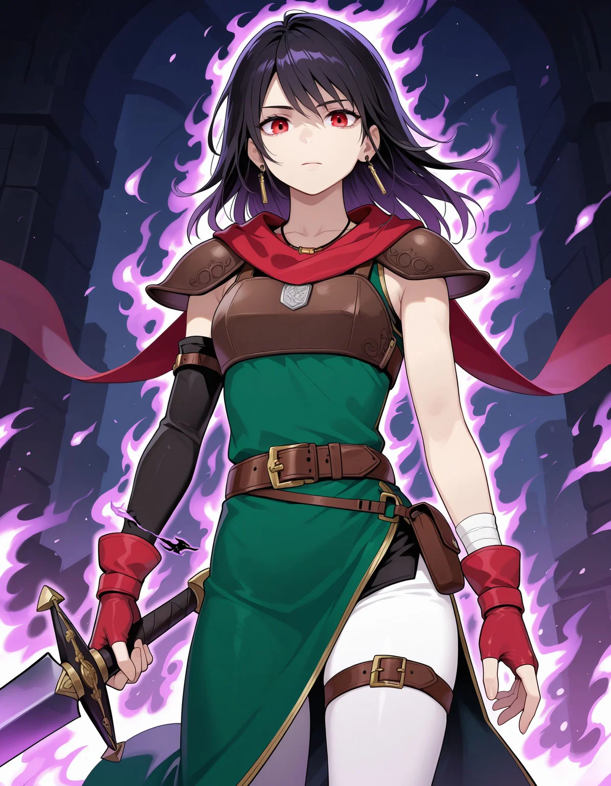 1girl,<lora:mareeta feh 2outfits_illustriousXL:0.8>,mareeta feh,red eyes,earrings,necklace,red scarf,red gloves,fingerless gloves,asymmetrical gloves,shoulder armor,breastplate,green dress,brown belt,brown pouch,white pants,thigh strap,dark persona,dark aura,cowboy shot,expressionless,holding sword,looking at viewer,masterpiece,best quality,amazing quality,