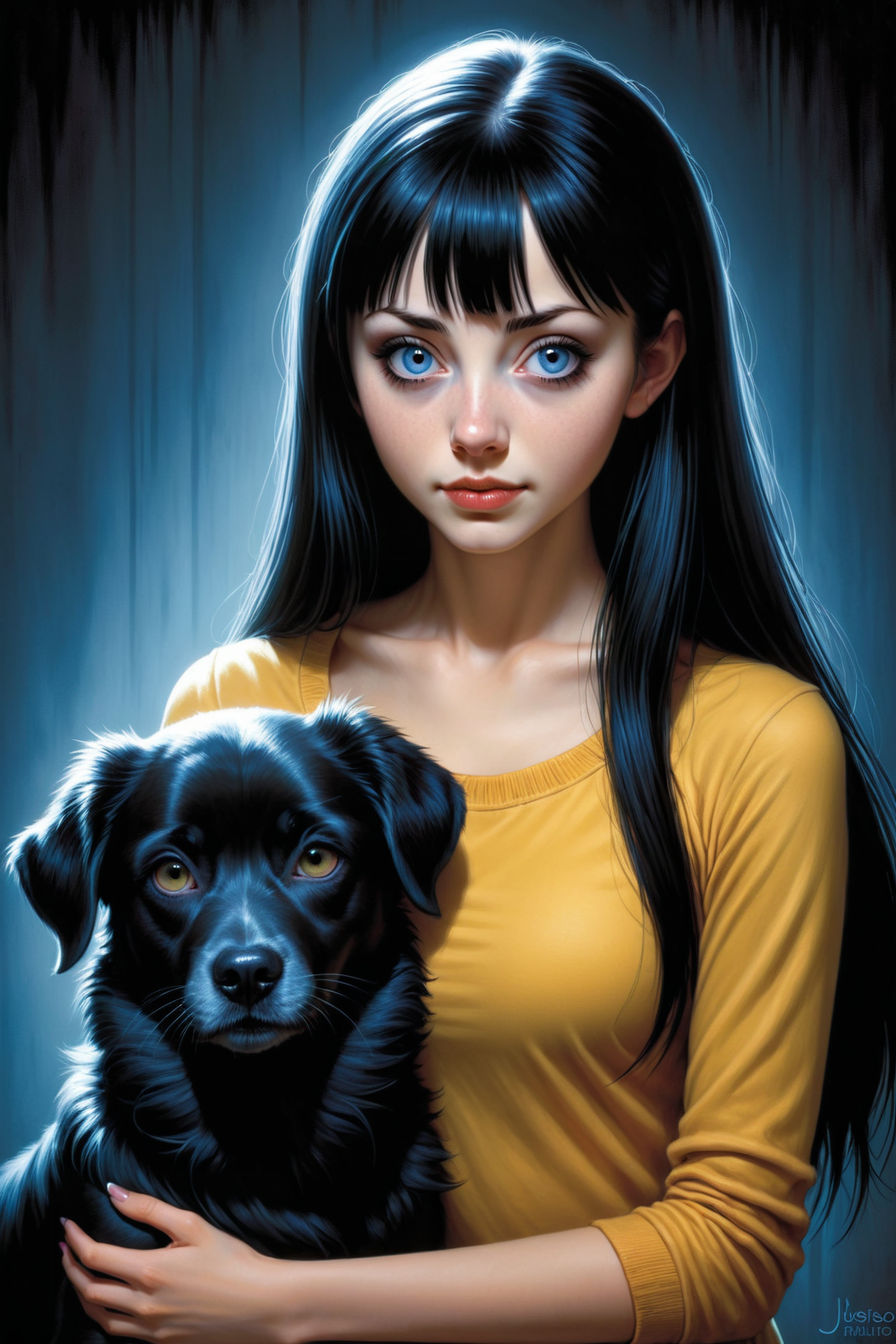 by Lori Earley and Stuart Immonen in the style of Junji Ito, cute 18 year old woman and her dog, digital painting <lora:digital_painting_envy01:1.00>, by  Joe Jusko  and  Alex Horley-Orlandelli   <lora:more_art:0.30><lora:clothing_slider:2.00><lora:great_lighting:1.30><lora:aesthetic:1.15><lora:photorealistic_portrait:1.25><lora:RMSDXL_Enhance:0.45><lora:RMSDXL_Creative:0.35><lora:RMSDXL_Photo:0.45><lora:RMSDXL_Darkness_Cinema:0.50><lora:XDetail_heavy:0.45><lora:perfect_eyes:0.15><lora:perfect_hands:0.15><lora:midjourney:-0.15><lora:looking_at_viewer:0.75><lora:dpo:0.25>