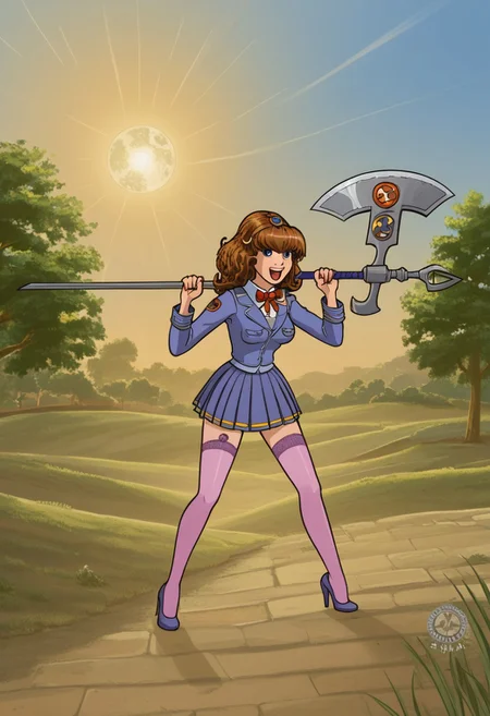 happy girl, random_combat_action_pose, scythe (4K4BUR5TYL3)