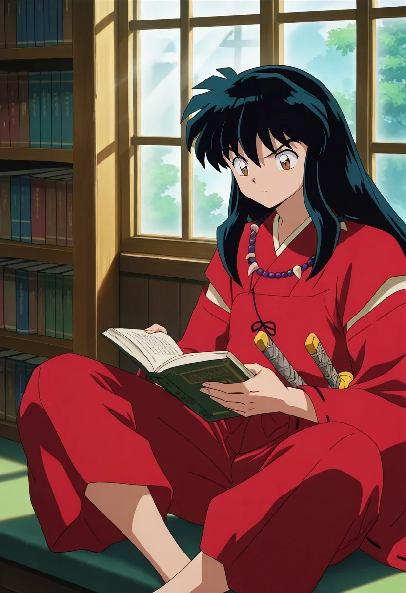masterpiece, best quality, , anime screencap, , , , , 1boy, solo, male focus, <lora:inuyasha_ilxl:1>, inuyasha, black hair, brown eyes, long hair, necklace, jewelry, weapon, sword, katana, sheath, red kimono, , library, bookshelf, sunbeam, window, book, reading, afternoon, sitting cross-legged, absorbed expression, Pleated khaki shorts, Corduroy jacket, , ,