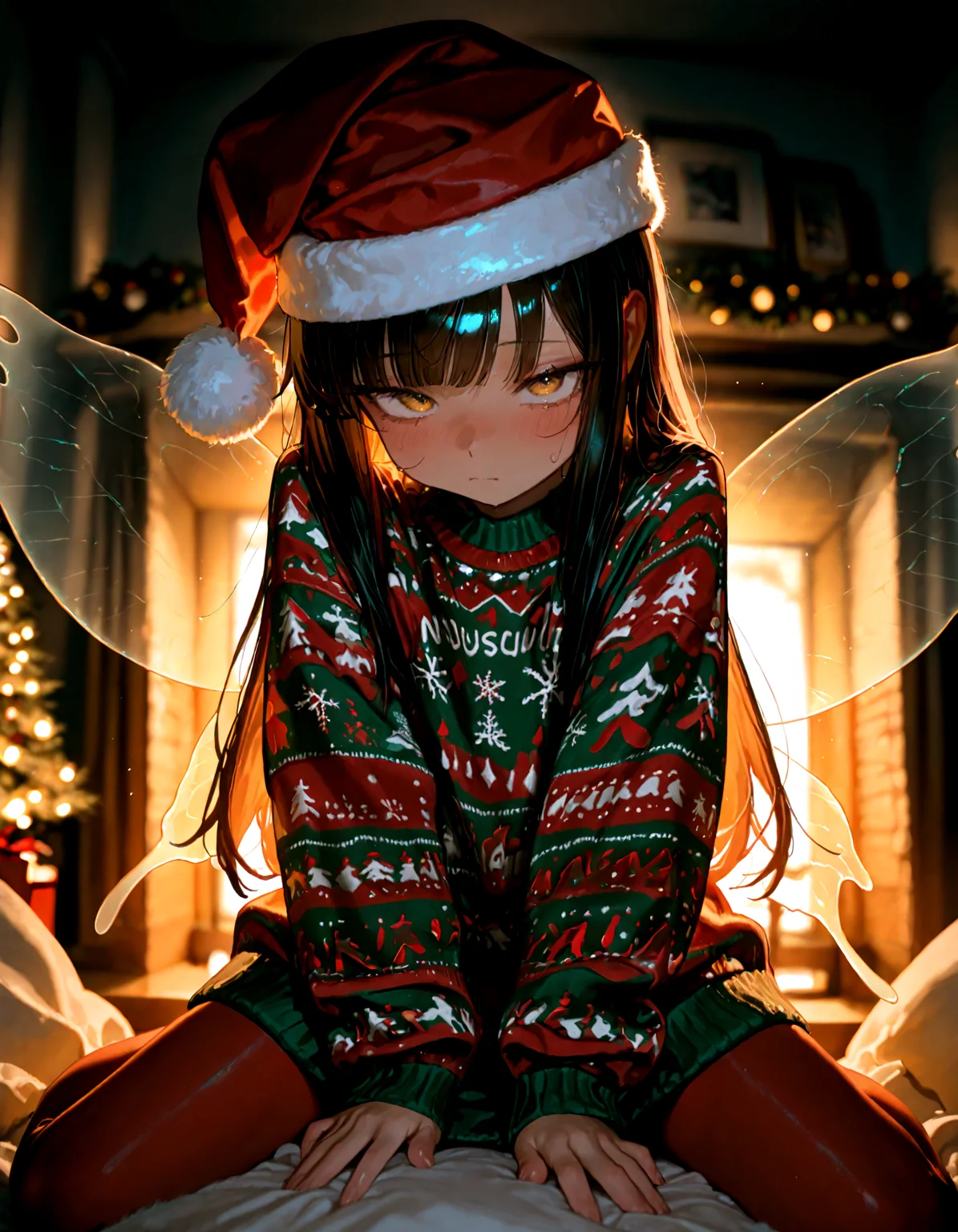 Christmas, dress, red pantyhose ,santa_hat ,Christmas sweater,
1girl, solo,star_sapphire, soft lighting, naughty,
masterpiece, best quality, amazing quality, very aesthetic, absurdres,  newest, (volumetric lighting),
<lora:world_christmassweater:0.5>,<lora:cfg_scale_boost:0.5>, <lora:ponyv5_noobE11_1_adamW:0.5>, <lora:illustrious_noobai_epsilon_pred_1_best_quality_v1:0.5> ,<lora:illustrious_noobai_epsilon_pred_1_masterpieces_v1:0.5> ,<lora:illustrious_noobai_epsilon_pred_11_very_aesthetic_v1:0.5>