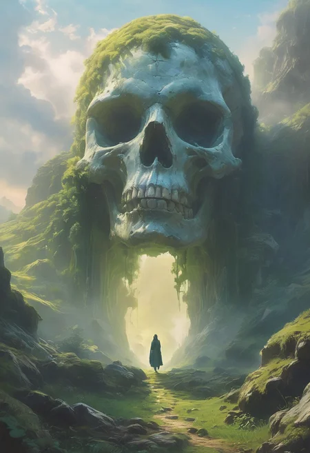 A solitary figure stands in a verdant valley, leading to a colossal weathered skull-shaped cave entrance under a hazy sky, with dark mossy greens on the skull blending into the stony grays, while the cave mouth is shrouded in misty light blues and a soft ethereal glow, <lora:MJ52:0.3>, <lora:SDXLFaeTastic2400:0.4>, <lora:zavy-cntrst-sdxl:0.7>