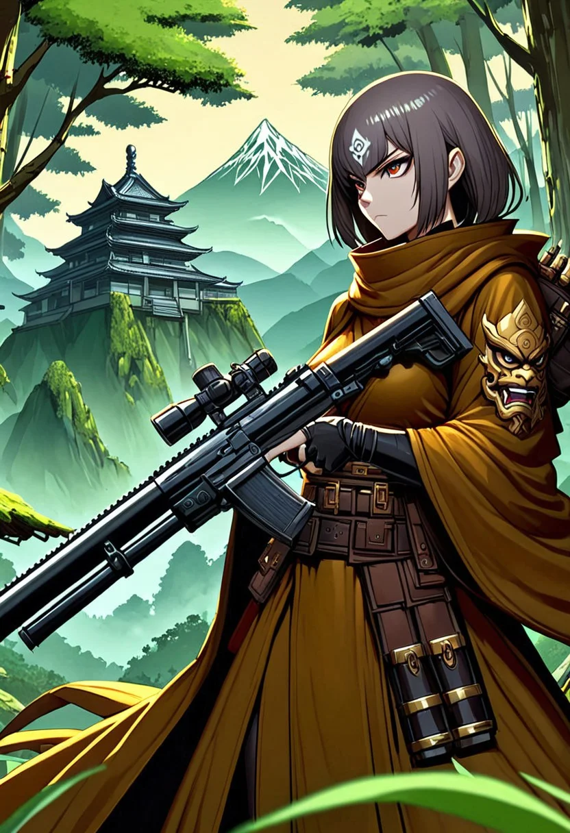 GunMonk, 1woman, holding a gun,  forest mountain background