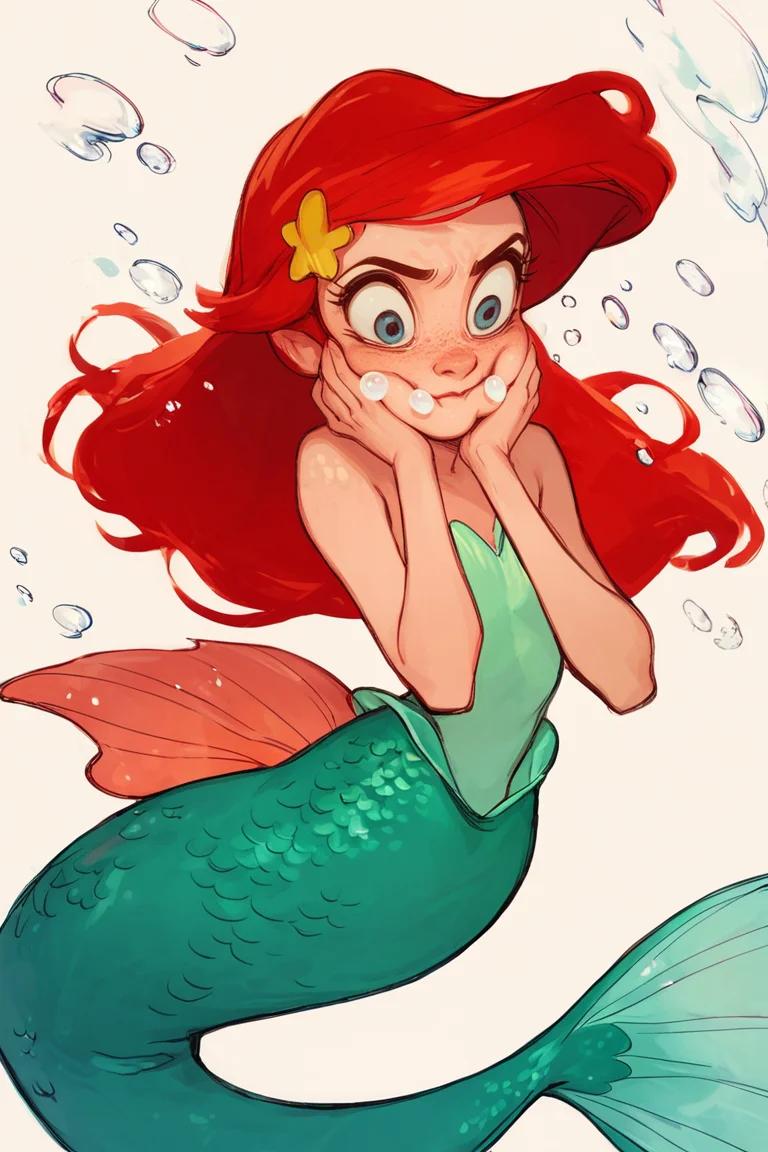 score_9, score_8_up, score_7_up, score_6_up, 1girl, solo, little mermaid, mermaid tail, ariel, disney, red hair, under the sea, bubbles, squeezing cheeks
<lora:feason_style:1.0> feason style