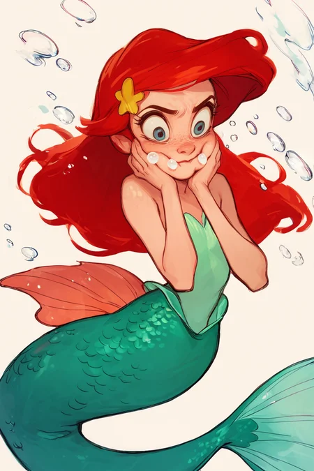 score_9, score_8_up, score_7_up, score_6_up, 1girl, solo, little mermaid, mermaid tail, ariel, disney, red hair, under the sea, bubbles, squeezing cheeks
<lora:feason_style:1.0> feason style