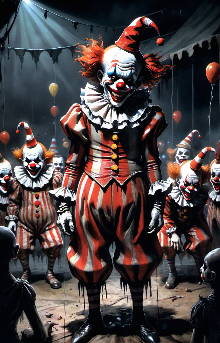 by peter de seve, (masterful but extremely beautiful:1.4), (masterpiece, best quality:1.4) , in the style of nicola samori, Distorted, malevolent clowns, horror, macabre, circus of terror, twisted humor, creepy atmosphere, nightmarish visuals, surrealistic, eerie lighting, vibrant colors, highly detailed, by John Kenn Mortensen, glow effects, godrays, Hand drawn, render, 8k, octane render, cinema 4d, blender, dark, atmospheric 8k ultra detailed, cinematic, Sharp focus, big depth of field, Masterpiece, 3d octane render, 8k, concept art, trending on artstation, hyperrealistic, extremely detailed CG unity 8k wallpaper, trending on CGSociety, Intricate, High Detail, dramatic