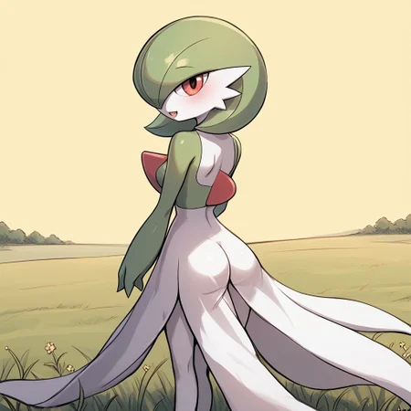 score_9, score_8_up, score_7_up, score_6_up, score_5_up, score_4_up, cartoony style
luminekoStyle,
gardevoir, green_hair, green_skin, hair_over_one_eye,
field. standing, backview, gap in skirt, butt, butt visible through gap,