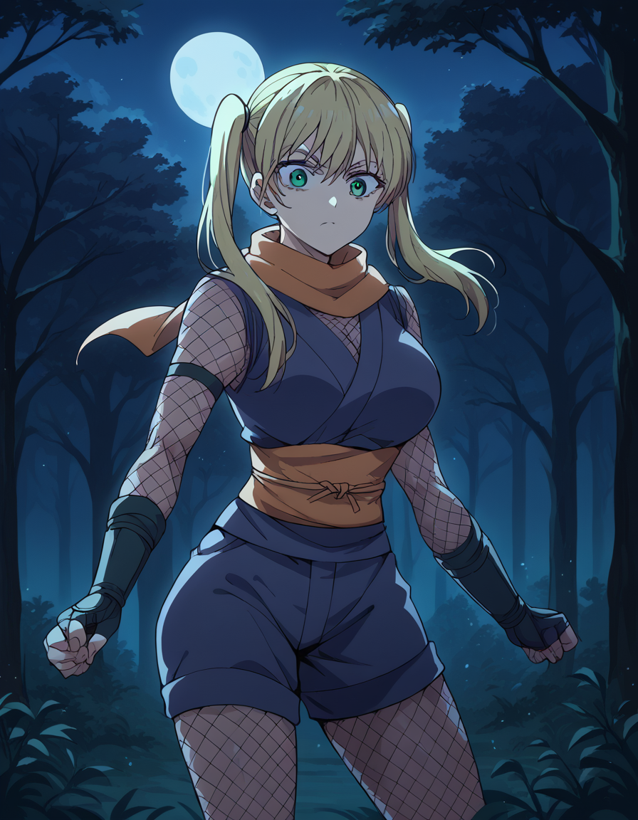 score_9, score_8_up, score_7_up, source_anime, <lora:rika-hoshizaki-s2-ponyxl-lora-nochekaiser:1>, rika hoshizaki, green eyes, blonde hair, twintails, large breasts,, <lora:ninja-ponyxl-lora-nochekaiser:1>, ninja, fishnets, scarf,, moon, night, forest, trees,, cowboy shot