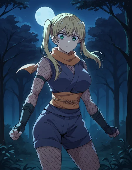 score_9, score_8_up, score_7_up, source_anime, <lora:rika-hoshizaki-s2-ponyxl-lora-nochekaiser:1>, rika hoshizaki, green eyes, blonde hair, twintails, large breasts,, <lora:ninja-ponyxl-lora-nochekaiser:1>, ninja, fishnets, scarf,, moon, night, forest, trees,, cowboy shot