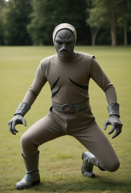 score_9,score_8_up,score_7_up,realistic,putty, full body, alien,1boy,black eyes, solid eyes,no nose, grey skin, black striped skin, grey belt, pentagram belt buckle, grey boots,grey stone hands, fighting stance, legs apart, outdoors, grass, grey bodysuit, depth of field, highly detailed, high contrast, film grain, Rim Lighting<lora:PuttiesPony:1>