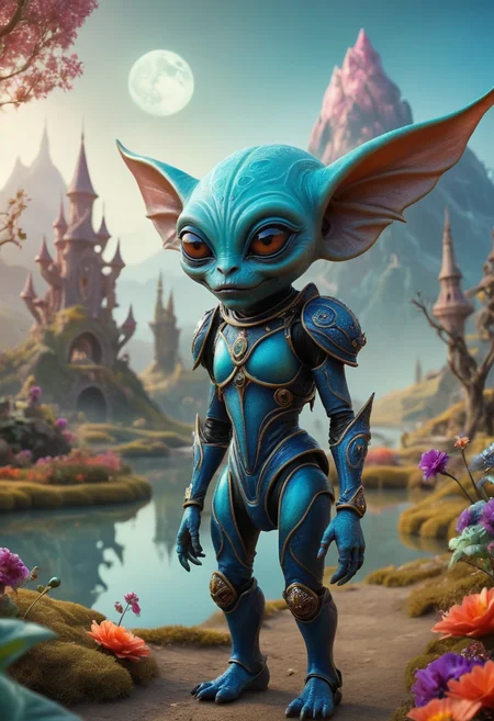 best quality, reality-shot, realism, realistic photography of a fantastical demon alien with whimsical elements, magical fairytale landscape, elaborate fantasy style art, ombre color theme, intricate details, ultra sharp, exquisite detail, flawless composition, vivid colors, masterpiece, exciting background <lora:alien-species:1> alien species