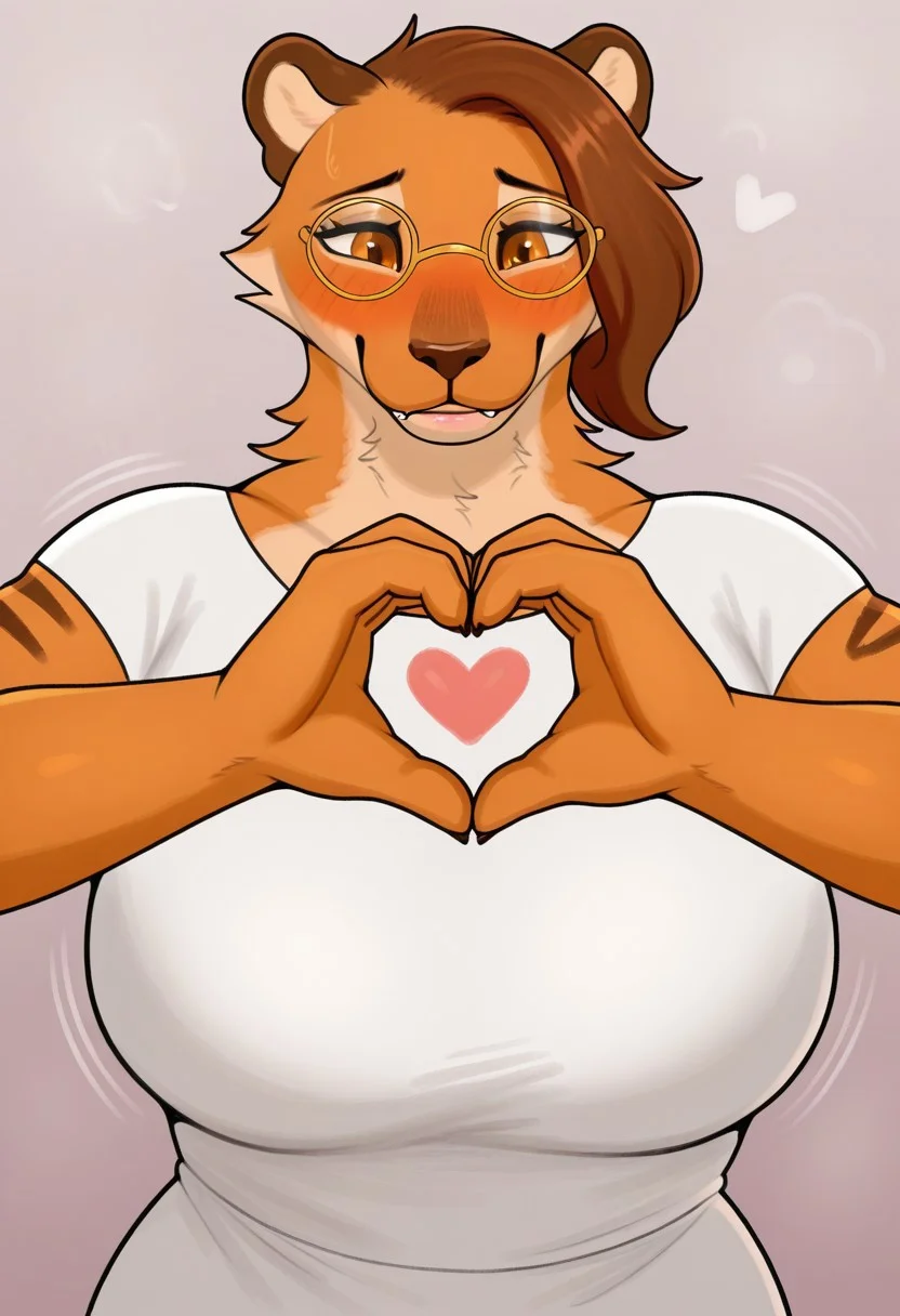 1girl, solo, medium build, medium brown hair, sfw, safe for work, covered skin, flowy dress, amber brown eyes, light red lipgloss, smiling, blush, regular thin frame glasses, portrait, redish brown fur, upper body, heart hands, foreshortening, detailed, newest,sijimmy456, furry female, furry, anthro
