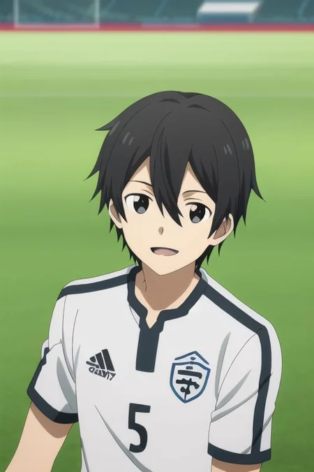 high resolution, professional photography, best quality, 1Boy, Kazuto Kirigaya, Black Hair, Black Eyes, Soccer Boy, soccer player, field, potrait, depth of field, happy, tired, celebration,