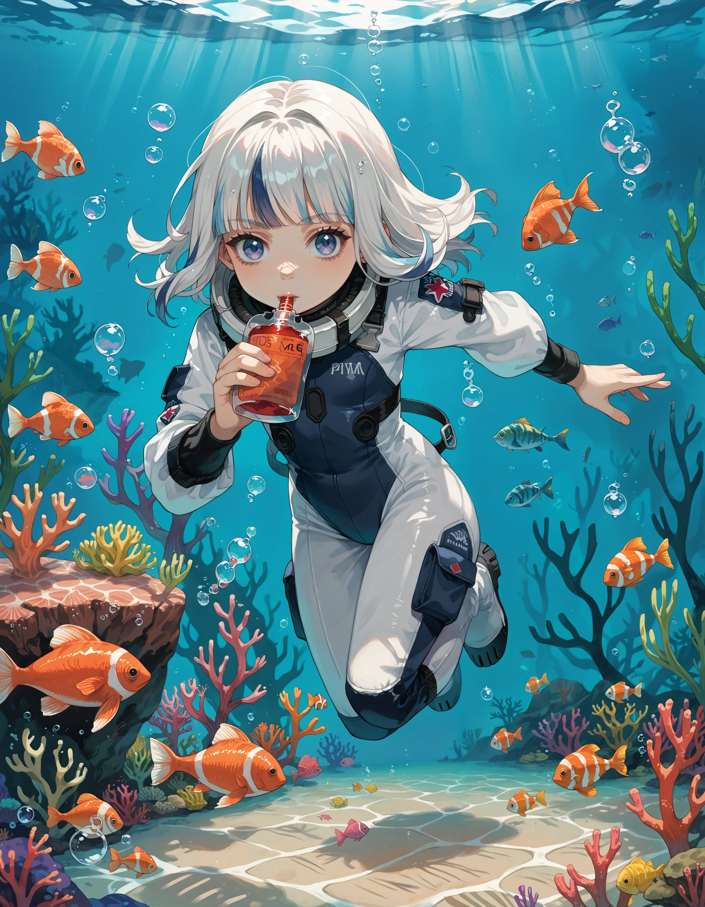 score_9, score_8_up, score_7_up, source_anime,
1girl, pitvinm, white hair, streaked hair,
blood bag, drinking, looking at viewer,
diving suit, diving, underwater, coral, fish, sunlight, air bubble
<lora:concept_bloodbagdrink-pony:1>