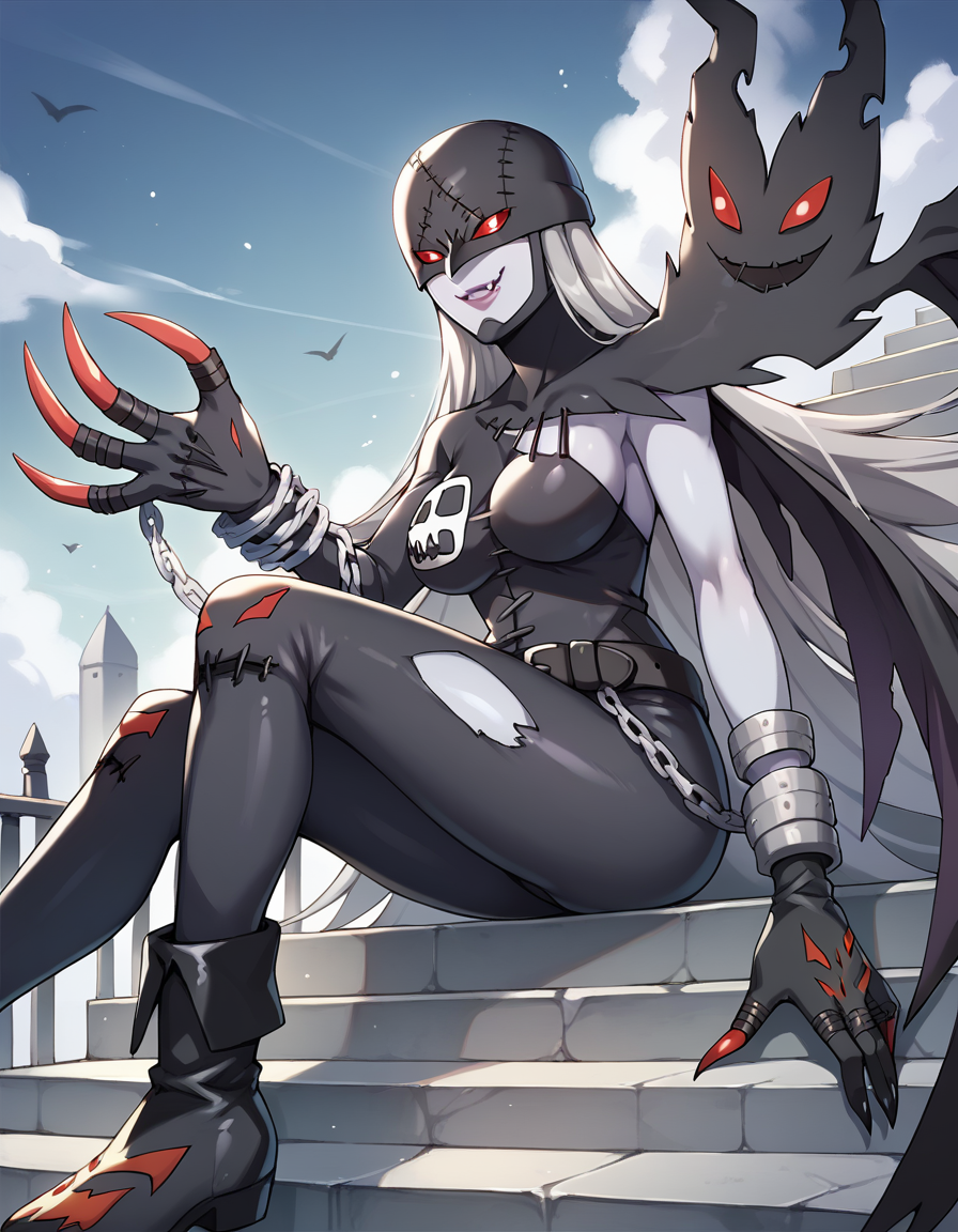 score_9, score_8_up, score_7_up, 1girl,  <lora:lady_devimon:1> lady_devimonxl, long hair, grey hair, red eyes, large breasts, black wings, purple lips, mask,very long hair, grey skin, digimon \(creature\), wings, belt, colored skin, chain, claws, boots,  black footwear, black bodysuit, gloves, stitches, torn clothes, sitting, from side, evil smile, fang out, grey sky, dark aura, stone stairs,