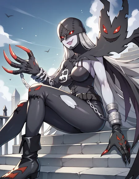 score_9, score_8_up, score_7_up, 1girl,  <lora:lady_devimon:1> lady_devimonxl, long hair, grey hair, red eyes, large breasts, black wings, purple lips, mask,very long hair, grey skin, digimon \(creature\), wings, belt, colored skin, chain, claws, boots,  black footwear, black bodysuit, gloves, stitches, torn clothes, sitting, from side, evil smile, fang out, grey sky, dark aura, stone stairs,