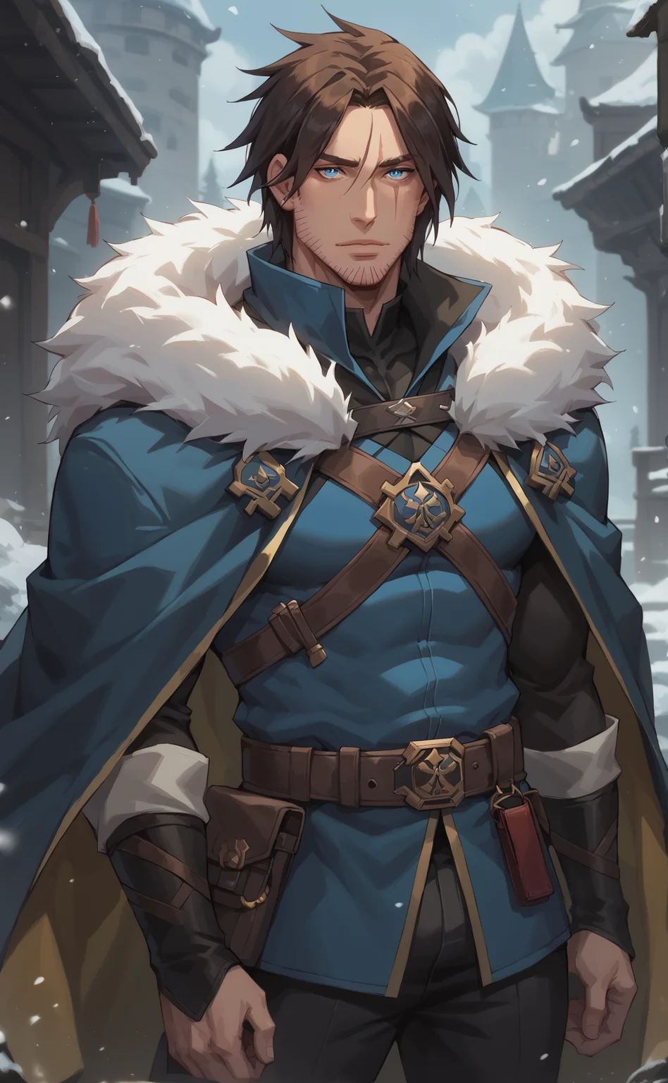 score_9_up, score_8_up, score_7_up, score_6_up, trevorbelmont, 1boy, solo, male focus, brown hair, blue eyes, scar, scar on face, facial hair, stubble, high collar, tunic, fur trim, cloak, belt, black pants, dark fantasy art, grimdark, best_quality, masterpiece, dark cold color scheme, valorant style, dvs, <lora:sxz-valorant-smol-v2-pdxl:0.2> <lora:Concept Art DarkSide Style LoRA_Pony XL v6:0.55> <lora:Trevor_Belmont_-_Castlevania_Pony-000008:0.8>